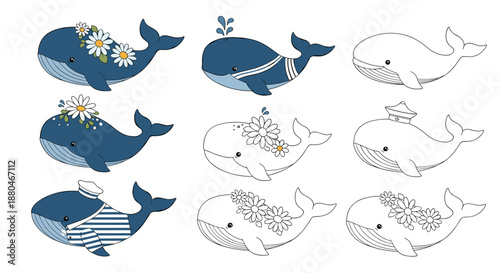Collection of charming whale illustrations with different maritime themes like flowers sailor hats and striped patterns.