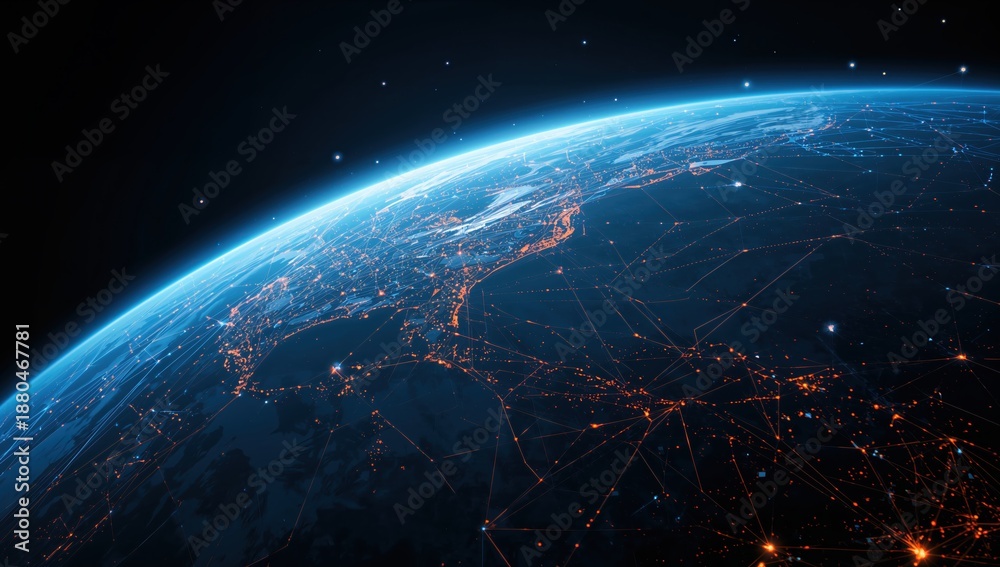 Obraz premium Satellite view of Earth at night, urban lights and global communication