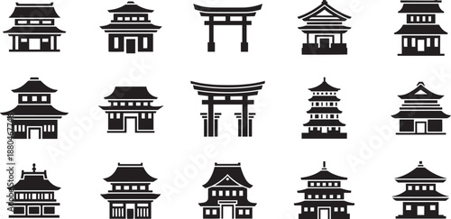 Traditional japanese architecture icons set with pagoda and temple