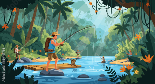 Man Fishing in a Serene Jungle River Scene