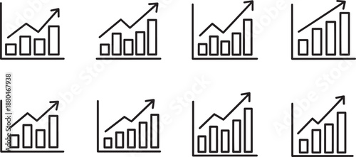 Set of eight business growth graphs icons with rising bar charts and arrows
