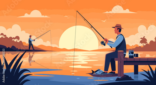 Serene Fishing Scene at Sunset with Men Enjoying Leisure Time