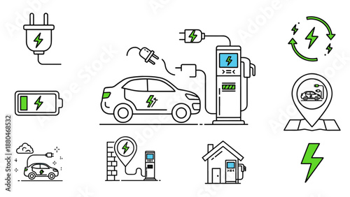 Comprehensive Electric Vehicle Charging Icons Representing Green Energy Solutions and Future Mobility Infrastructure