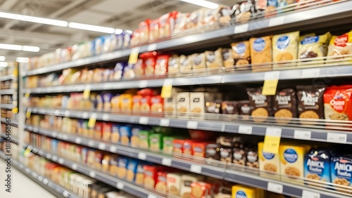 Blurry image of snack display racks such as cookies, biscuits, nuts and other snacks in a super market