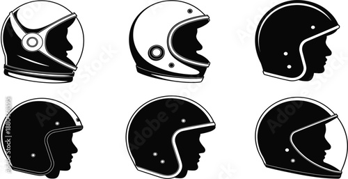 Motorcycle and astronaut helmet silhouette set, protective headgear icons for racing and space design
