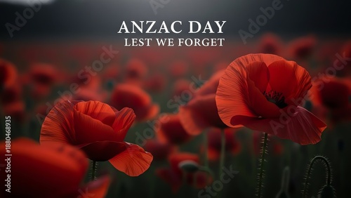 Red poppies field with Anzac Day remembrance text