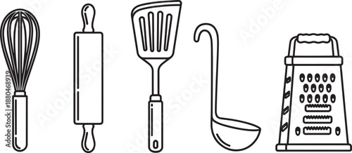 Kitchen utensil set line icons with whisk rolling pin spatula ladle