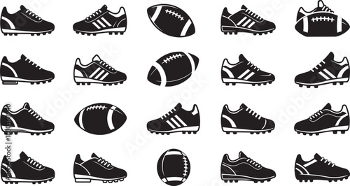 Football and soccer cleat pattern with sport equipment icons set