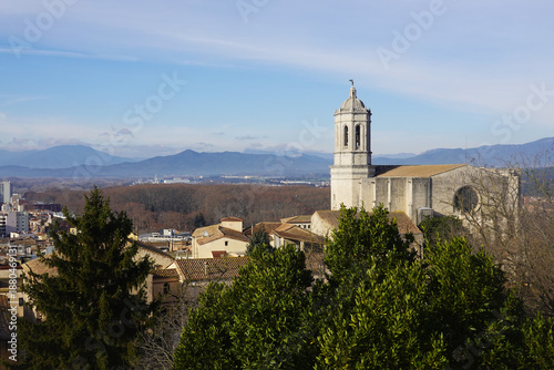 The view of Girona Cathedral opening from Alemanys Garden, Girona, Spain
