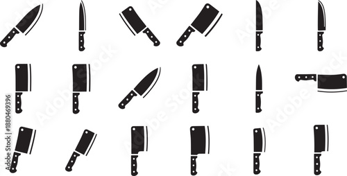 Chef kitchen knives and butcher meat cleavers silhouette collection