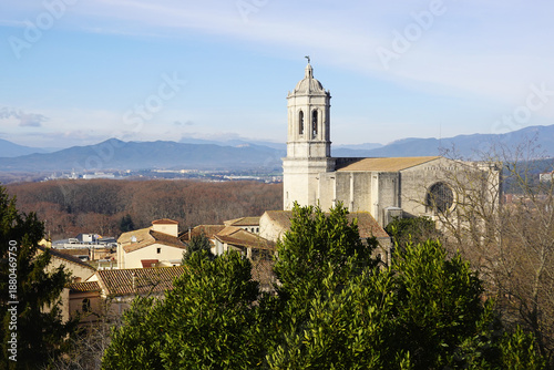 The view of Girona Cathedral opening from Alemanys Garden, Girona, Spain