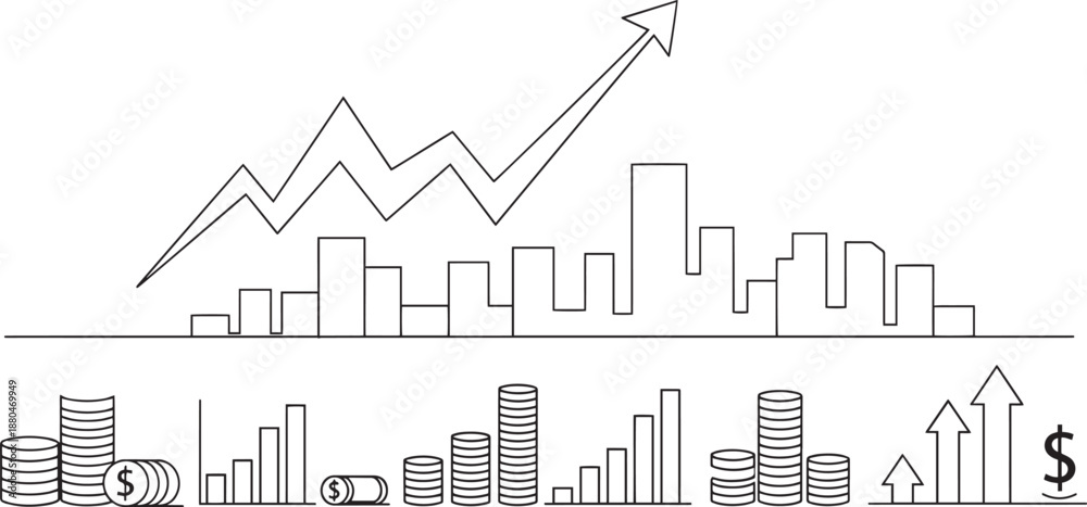 Naklejka premium Financial growth chart with city skyline, coins, and bars