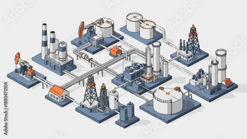 Industrial Oil Refinery Complex Isometric Illustration.