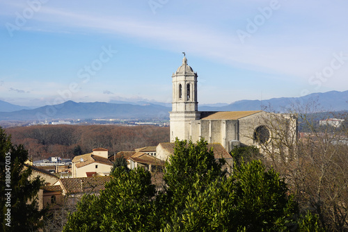 The view of Girona Cathedral opening from Alemanys Garden, Girona, Spain
