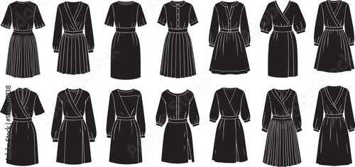 Feminine dress collection with various silhouettes and sleeve styles