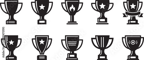 Golden trophy cup collection for achievement and victory celebration