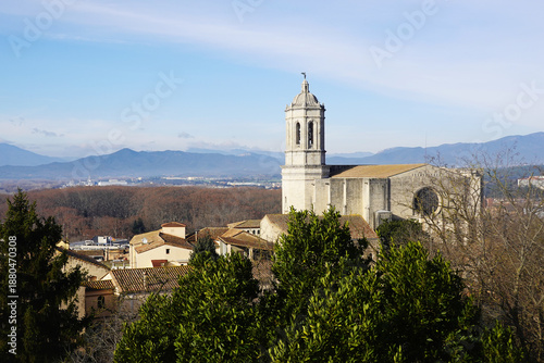 The view of Girona Cathedral opening from Alemanys Garden, Girona, Spain