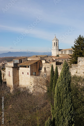 The view of Girona Cathedral opening from Alemanys Garden, Girona, Spain