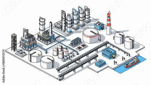 Industrial Oil Refinery Complex with Waterway and Ship.