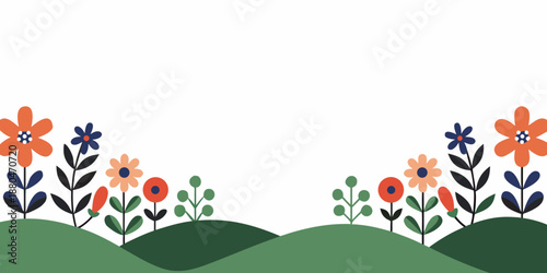 a colorful illustration of flowers on green hills with a white background