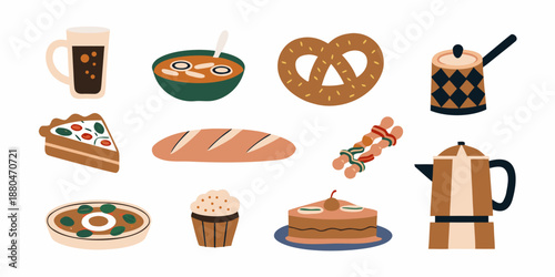 a collection of food and drink items on a white background