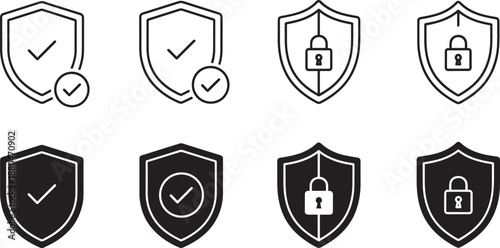 Security shield icon set with lock and checkmark for data protection
