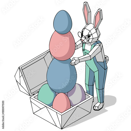 Stylized polygonal Easter bunny wearing overalls and glasses meticulously stacks colorful pastel eggs into an open geometric egg carton Adorable illustration for holiday themes