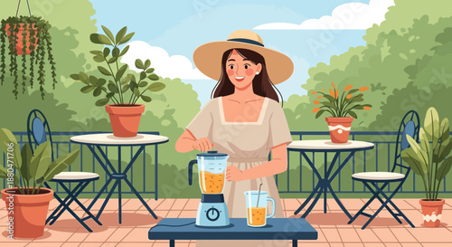 Woman Preparing Fresh Juice on Patio with Blender