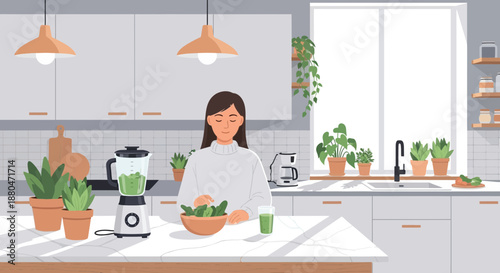 Woman Preparing Healthy Green Smoothie in Modern Kitchen