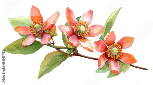Watercolor red Carolina allspice flowers branch clip art illustration