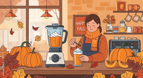 Woman preparing pumpkin spice drink in cozy fall setting