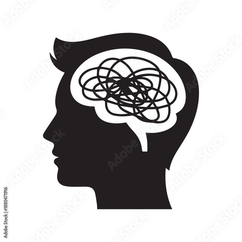 Silhouette profile of a human head with a tangled chaotic mess of scribbled lines representing a confused overwhelmed or stressed mind symbolizing mental health struggles anxiety and cognitive