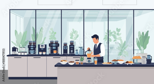 Barista preparing coffee and pastries in modern cafe