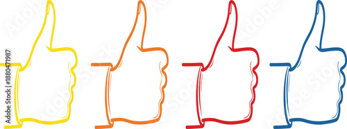 Set of Vibrant Hand-Drawn Thumbs Up Icons in Yellow Orange Red and Blue for Feedback and Social Media Design.