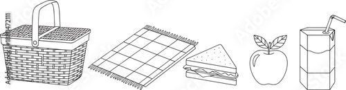 Picnic basket blanket sandwich apple and juice box line art