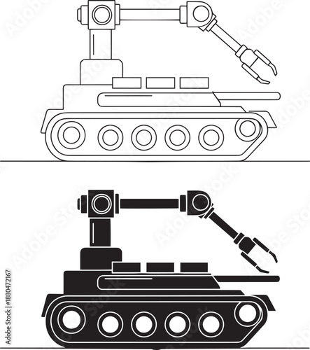 Heavy military tracked self-propelled mine disposal vehicle with manipulator vector icon