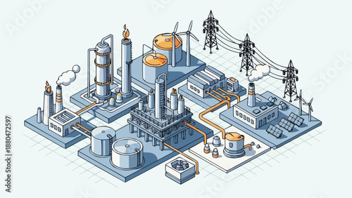 Industrial energy production complex with wind turbines and solar panels.