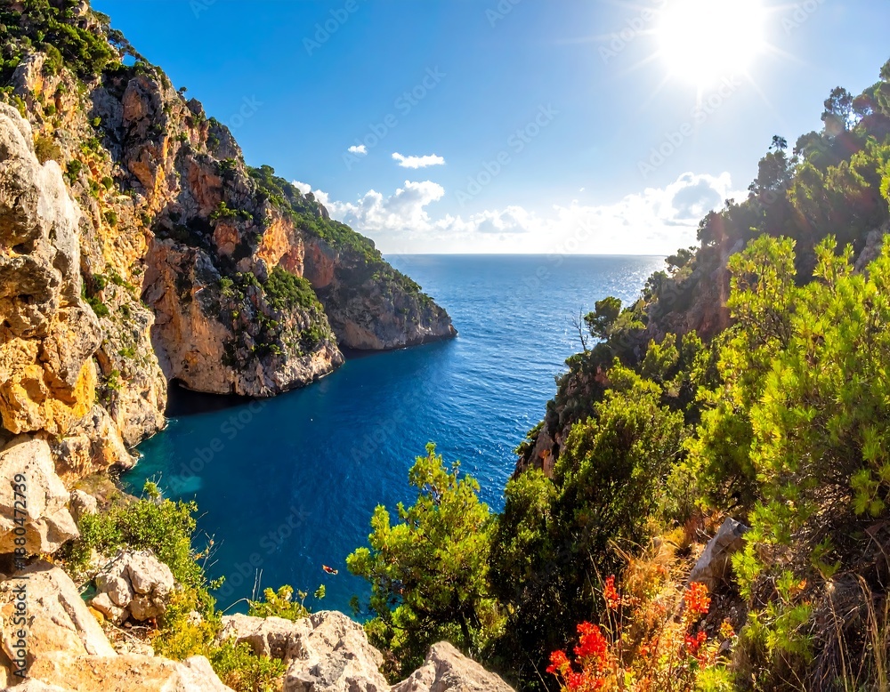 Naklejka premium A serene landscape of a secluded cove surrounded by lush greenery and rugged cliffs