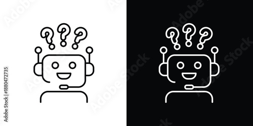 Abstract icon illustration of a confused robot with question marks above its head, symbolizing AI and technology queries