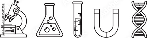 Scientific laboratory equipment icons in black outline style