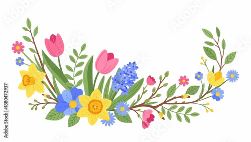 Spring floral arrangement with tulips daffodils and hyacinths.