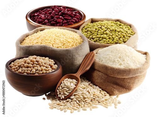 Assorted grains and legumes on white background isolated on a transparent background rice beans chickpeas