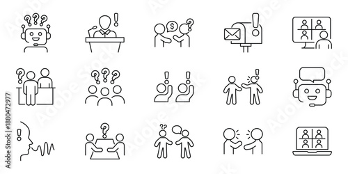 Communication Line Icons Set Business Meetings, Online Interaction, AI Support, and Discussion Symbols for Problem Solving