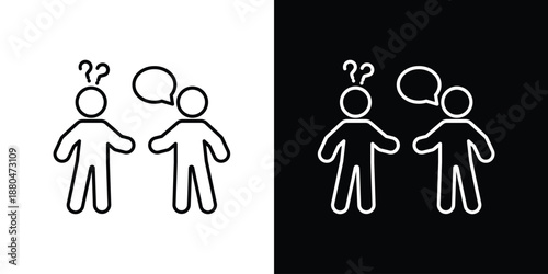 Single icon of two abstract figures in conversation with question marks and speech bubbles, depicted in both black and white styles