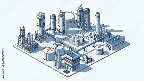 Industrial Chemical Plant Complex with Towers and Tanks.