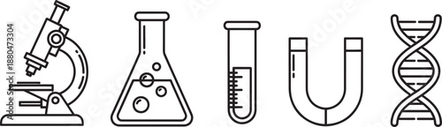 Laboratory science equipment outline icons set for research study