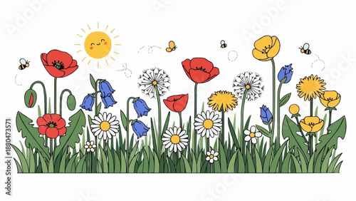 Vibrant Wildflower Meadow with Sun and Insects.