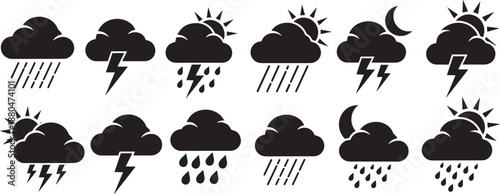 Weather forecast icons set showing rain storm sun moon and cloud conditions