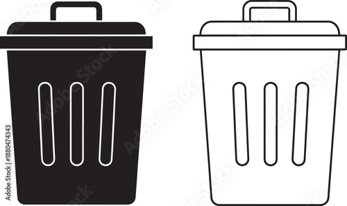 Two black and white trash can or rubbish bin vector illustrations