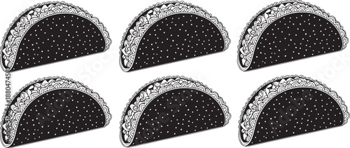 Six black and white tasty traditional mexican taco food icons